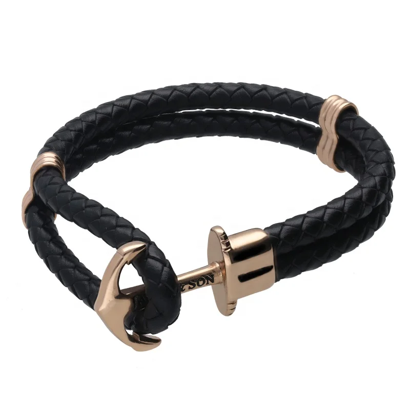 

Wholesale Custom Free Sample Stainless Steel Anchor Hook Leather Bracelet, Black