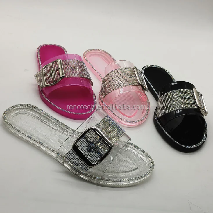 

New Soft Slides Female Sandals Bling Glitter Ladies Trendy Summer Ladies Diamond Rhinestone Clear Jelly Slippers with Buckle, Pink/black/burgundy/transparent