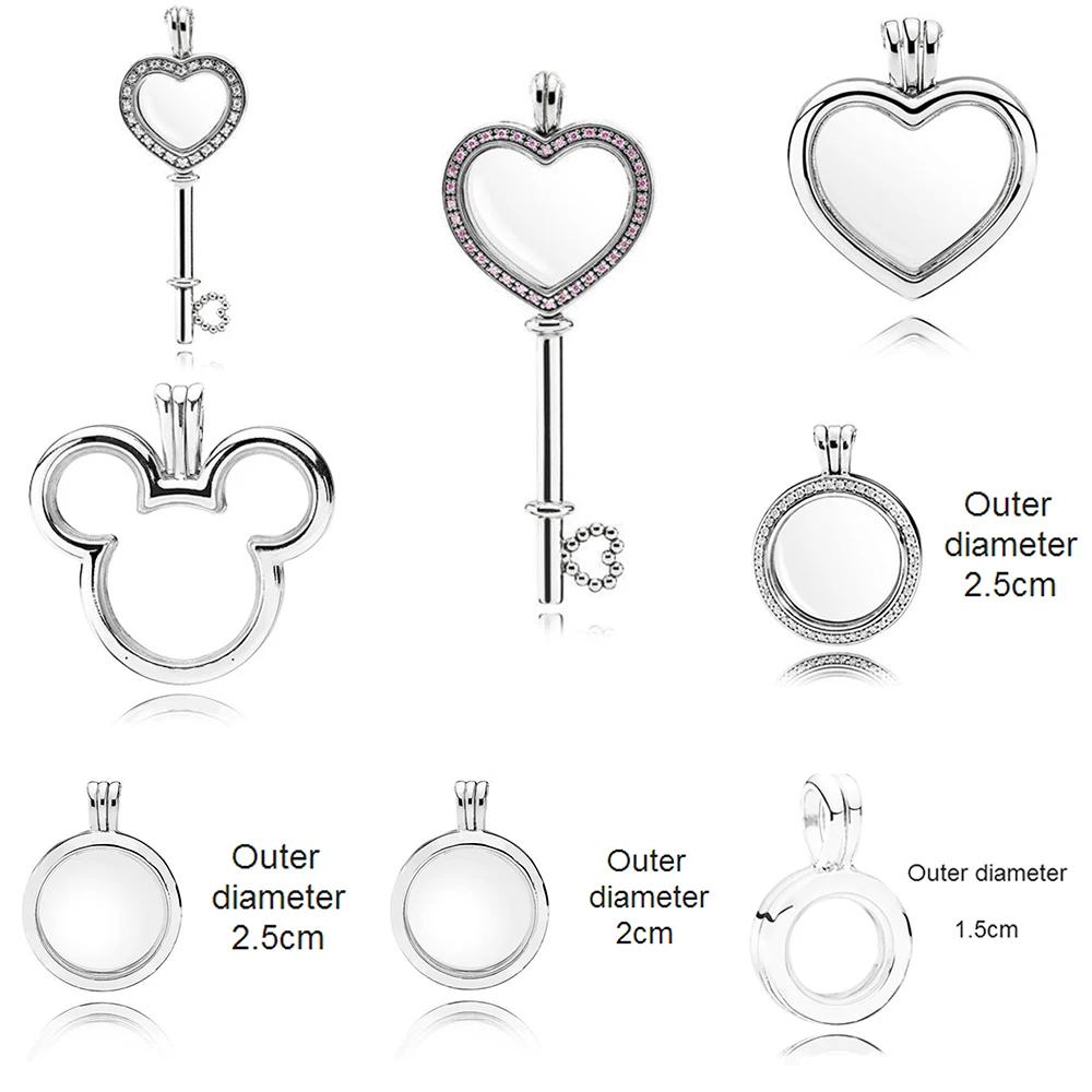 

NEW 2021 Valentine's Day Newest 100% 925 Sterling Silver Pink Heart shaped Big key Floating Locket for Women Fashion DIY Jewelry