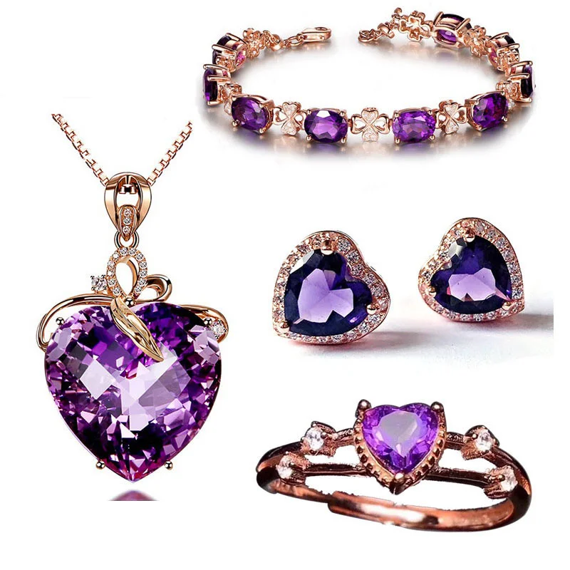 

Designer Wedding Diamond Ring Bridal Stud Earrings Gold Plated Necklace Sets Heart Bracelet 4PCS Jewelry Set