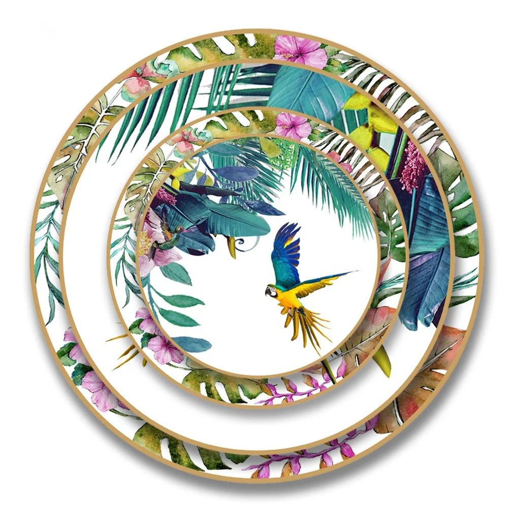 

New Product Nordic Luxury Tropical Jungle Pattern Bone China Dishes & Plates With Gold Edge, Printing