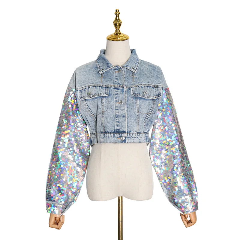 

2020 new arrivals fashion trending wholesale high street women sequin design short cropped denim jacket