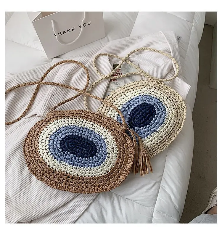 

Bohemia Summer Bali Fashion Woven Beach Contrast Round Crossbody Shoulder Handbag Custom Vintage Crochet Hobo Purse Clutch, Customizable