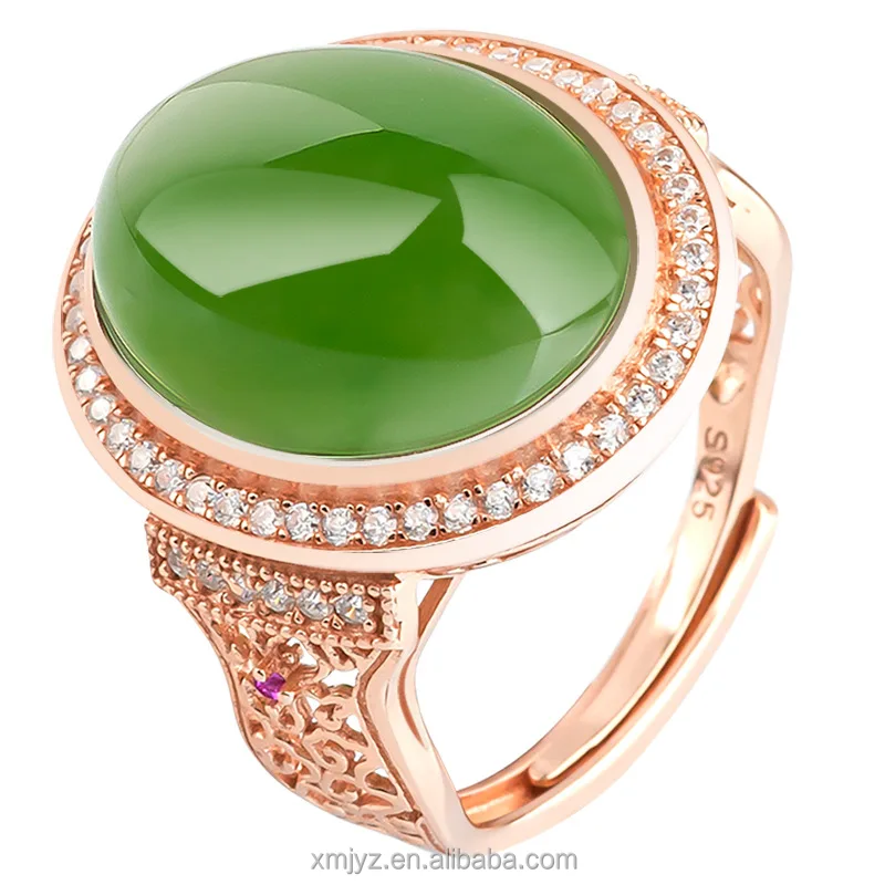 

Certified Grade A Natural Hetian Jade Green Jade Spinach Green Big Egg Surface Jade Ring S925 Silver Inlay Women's Fashion Ring