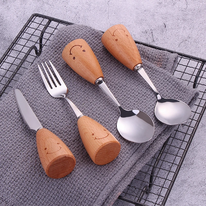 

Factory Outlet Smiley Face Wooden Handle Stainless Steel Knife Fork Spoon Tableware Baking Tool Set Japanese Gift Tableware