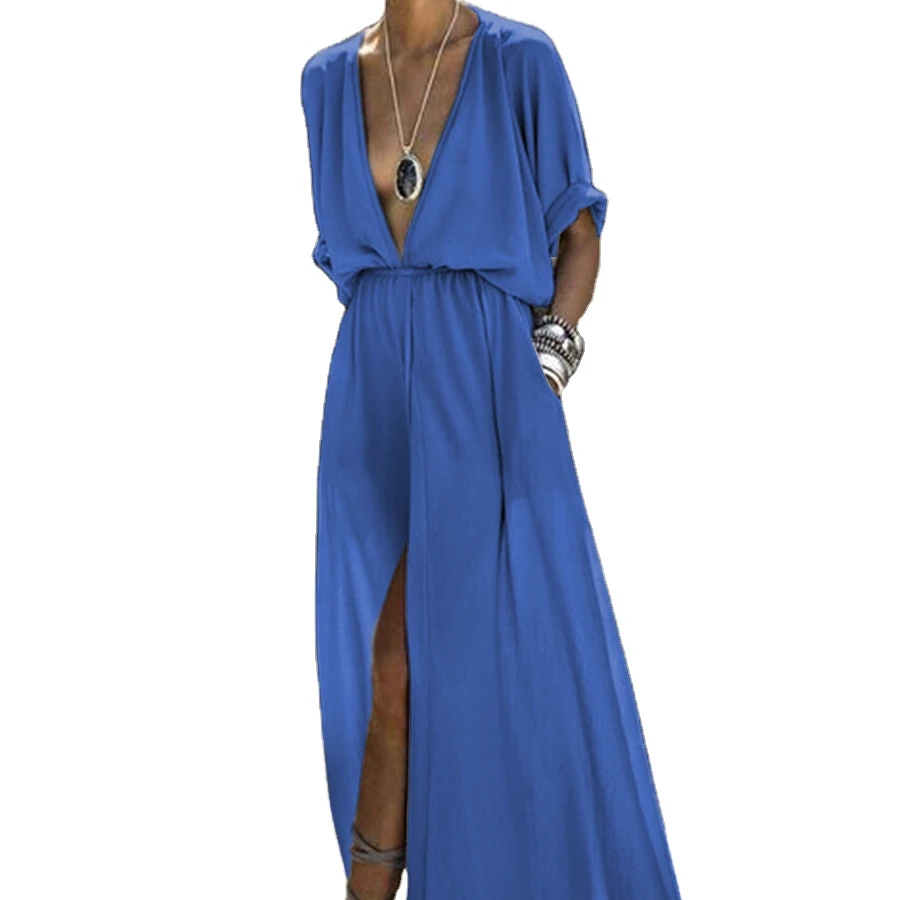 

Lady's dress Hot style Summer new irregular dress sexy deep V middle sleeve slit fashionable dress