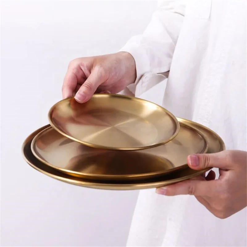 

Western Steak Round Tray Eco-Friendly Stainless Steel Dinner Plates Gold Dishes Round Plate Tableware Tray, Silver