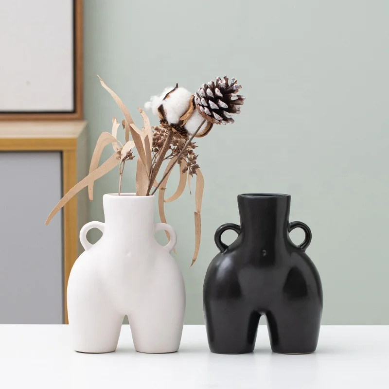 

New Design Nordic Black White Ceramic Flower Vase Naked Body Design Big Butt For Home Hotel Decoration