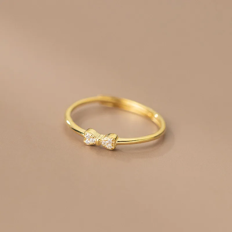 Wholesale Fashion Jewelry 925 Sterling Silver Bow Knot Bowknot Cubic Zircon Gold Plated Adjustable Rings for Women