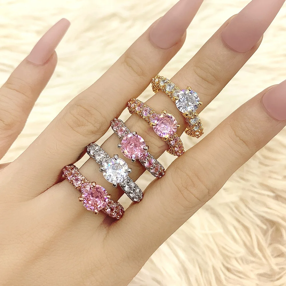 

Women Diamond Wedding Rings Gold 18K Shiny Pink Zircon Rings Jewelry