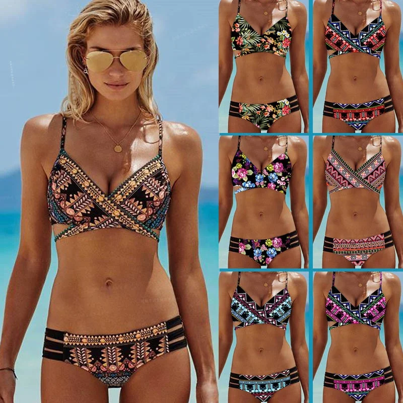 

Boho Ladies Sexy Suspender Split Swimsuit Sexy Ethnic Print Suspender Bikini, Shown