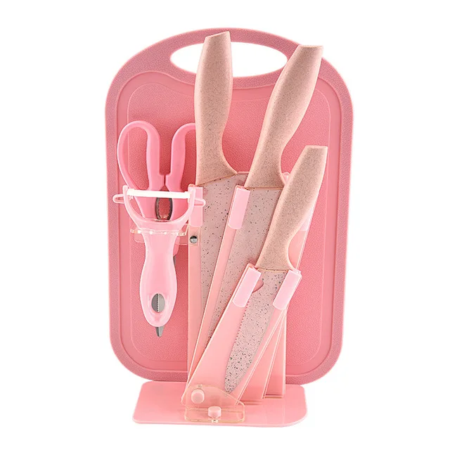 

Pink Blue Wheat Straw 7pcs Kitchen Knife Set with Cutting Board