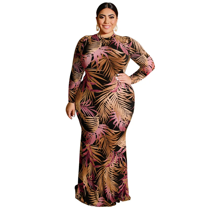 

2021 new arrivals summer fashionable printing O-neck sexy tight buttocks long-sleeve plus size women medium style long dresses, Picture color