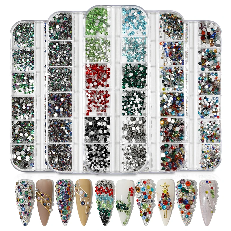 

wholesale 3d flat back glitter ab white crystal gem mixed size acrylic nails accesories art rhinestones decorations, 12 colors