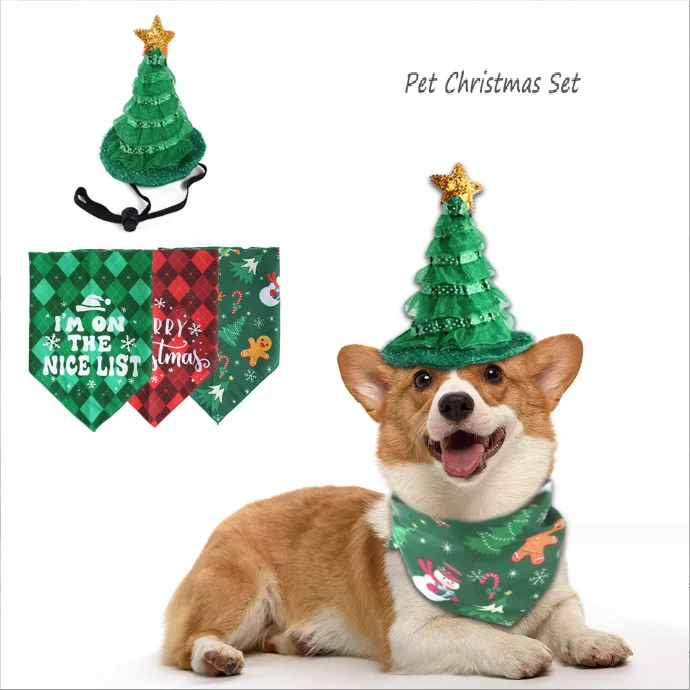 

Factory Wholesale Christmas Dog Bandana Hat Bow tie Set Pet Scarf Triangle Bibs Dog Christmas Costume Decoration Accessories