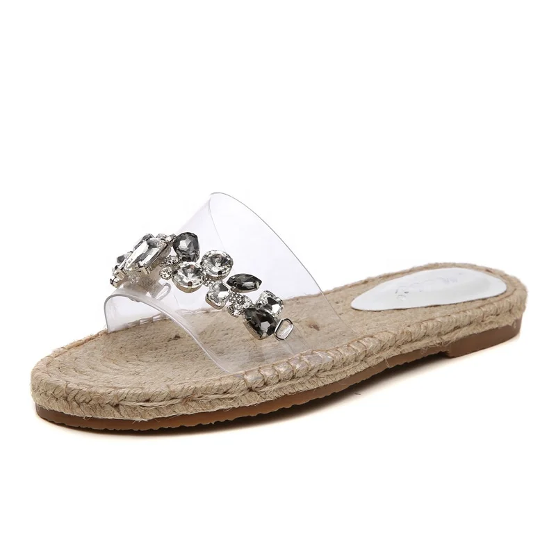 

B24534A Straw woven fisherman sandals women wear Korean style rhinestone flat sandals slippers, Apricot