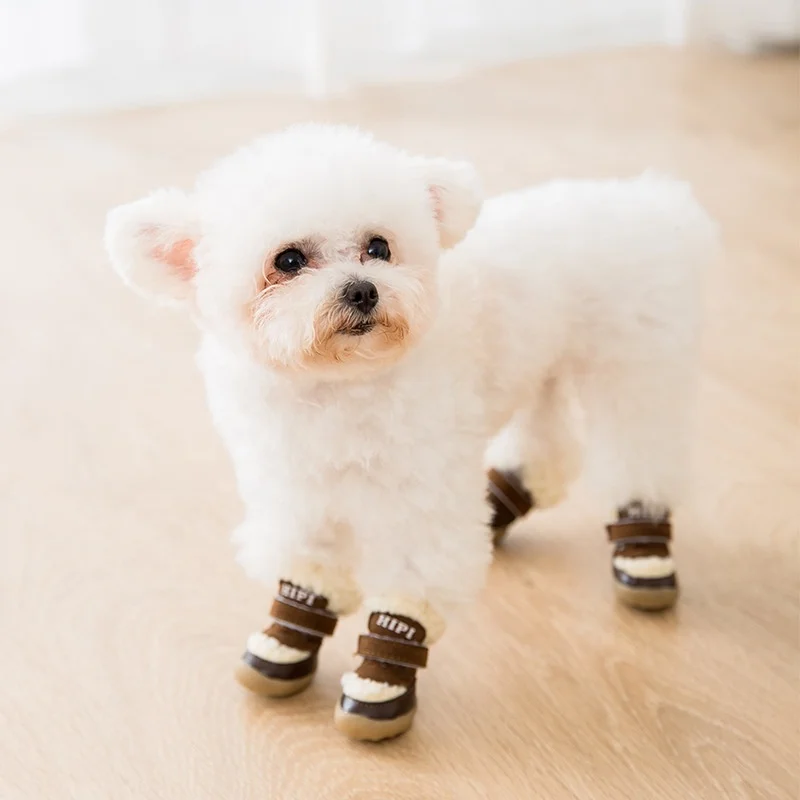 

Hot Sale Cloud Lamb Suede Leather Autumn Winter Cotton Dog Shoes With Rubber Soles Non-slip Dog Shoes, Multi color