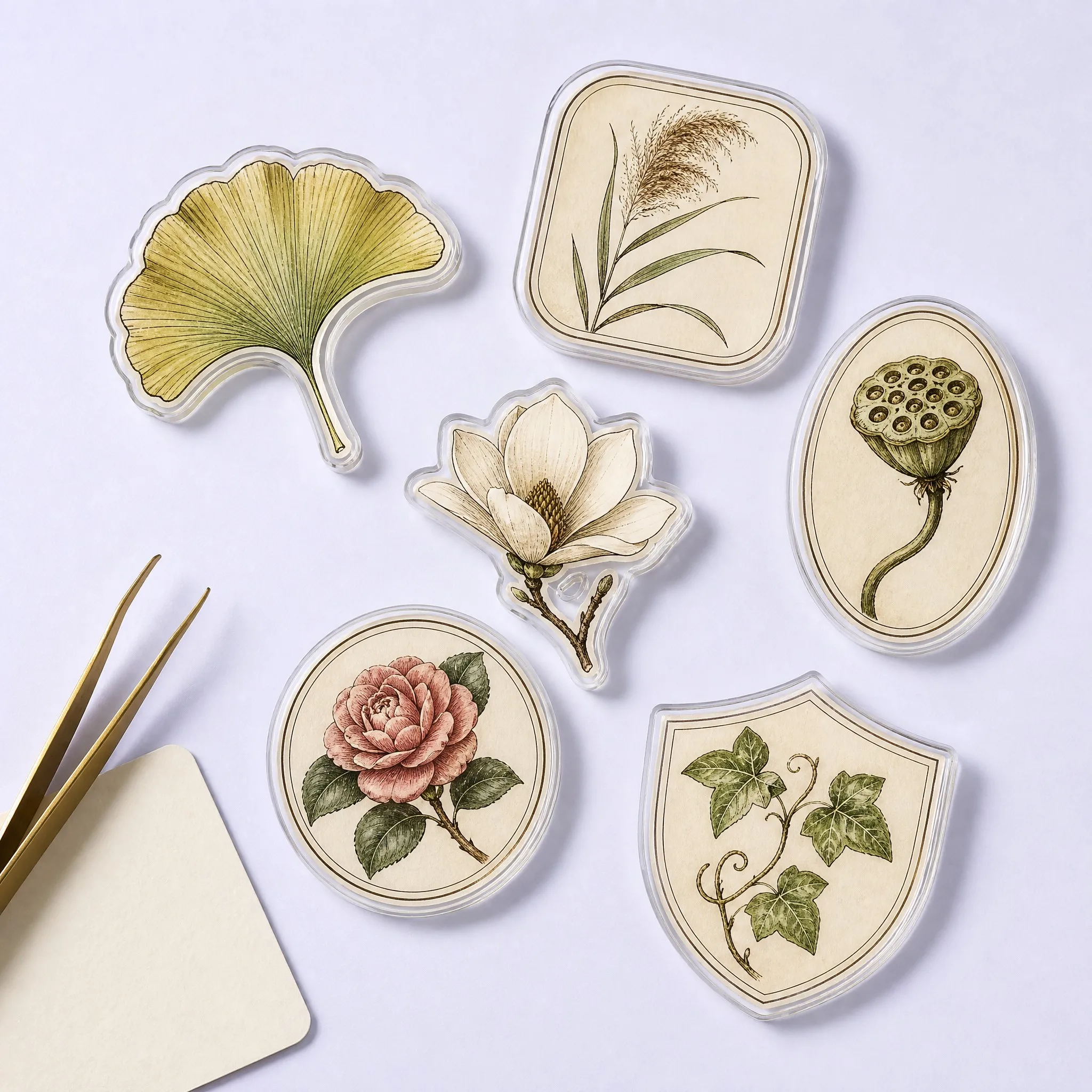 Multiple Acrylic Phone Grip Contour Frames: Ginkgo Leaf Fan, Pampas Grass Square, Magnolia Flower Cut, Lotus Pod Oval Cameo, Camellia Disc, Ivy Shield