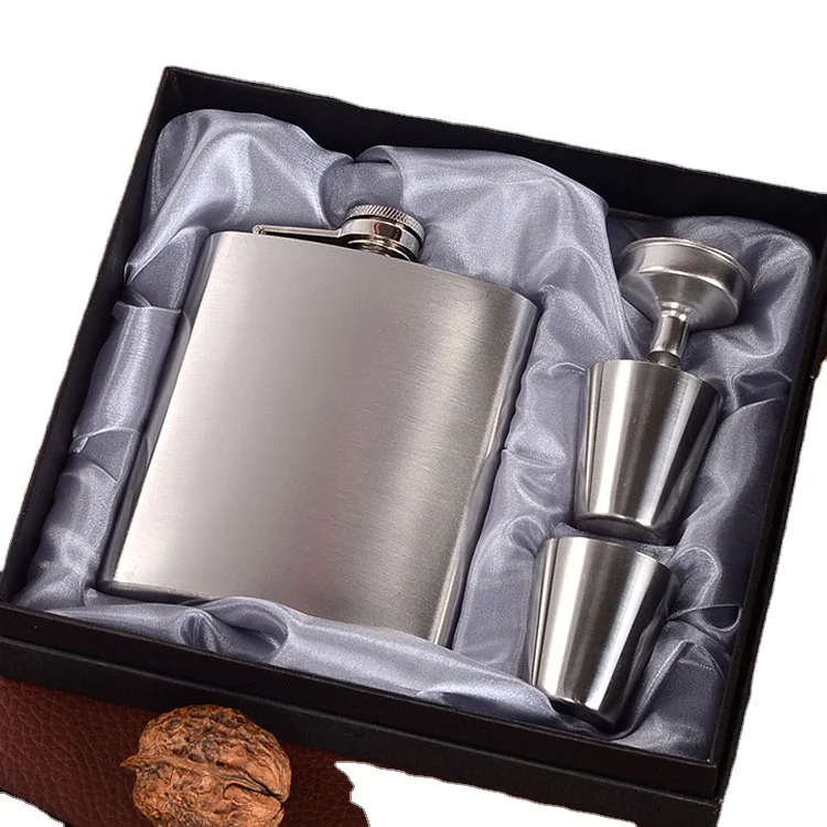 

Amazon hot sales Vacuum Stainless Steel Alcohol Whiskey Liquor wine Metal 6oz 7oz 8oz Square luxury Lip Hip Flask Gift box Set, Customized color acceptable