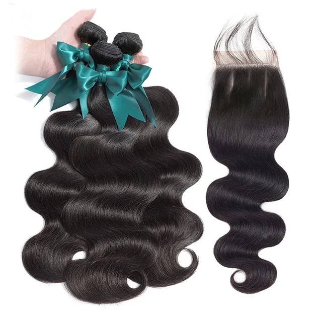 

Unprocessed 100% Raw Virgin Peruvian Bulk Hair Body Wave Bundles With Lace Closure, Natural color