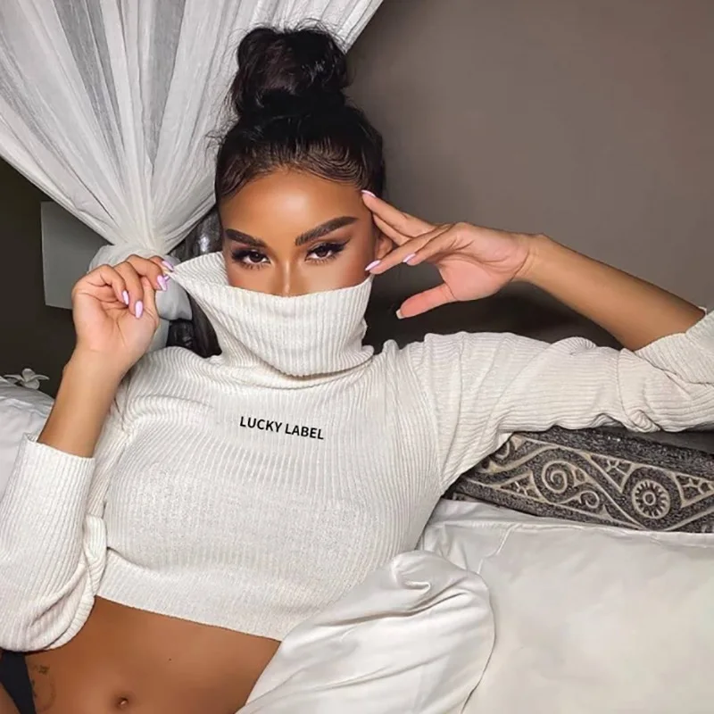 

lucky label letter bodycon t shirt women long sleeve turtleneck knitted crop tops female fall winter casual skinny tees
