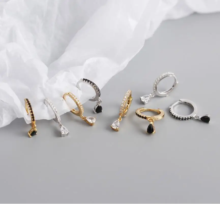 

925 Sterling Silver Women Luxury Style CZ Pave Hoops Black Stone Crystal Tear drop earrings 18k gold plated