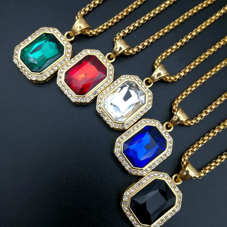 

Unisex High Quality Hiphop Hip Hop Stainless Steel Jewelry Crystal Pave Rectangle Pendant Box Chain Necklace for Gentlemen Men, Gold,steel