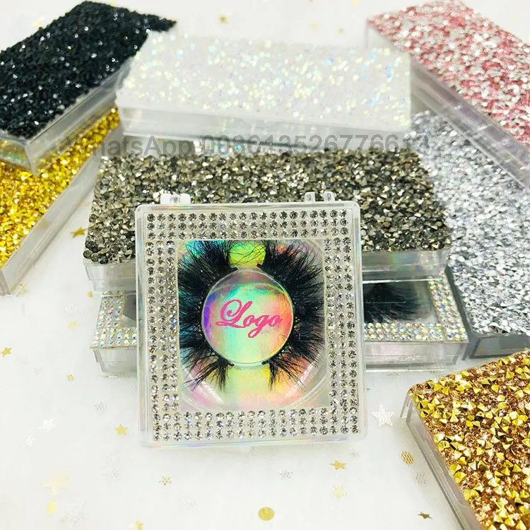 

Bling Diamond Lashcases Rhinestone Lashbox Customs eyelash packaging box 3D 5D 25MM Eyelashes with Custom lashbox, Natural black