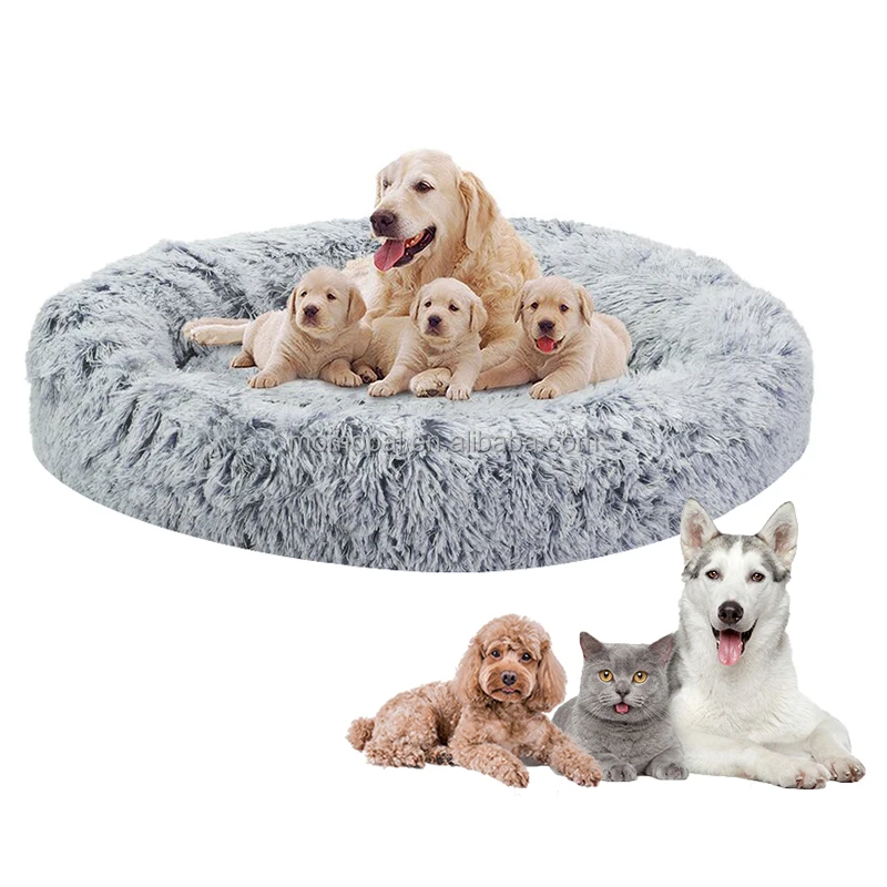 

Dropshipping Soft Comfortable Round Faux Fur Dog Cat Bed Wholesale Fluffy Comfy Donut Long Plush Anti-anxiety Pet Cushion, Any colors you want
