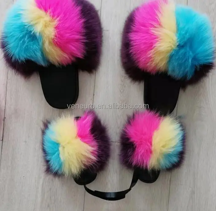 

Wholesale mommy and me raccoon fur slipper outdoor slider sandals fox fur slides for women, Customized color