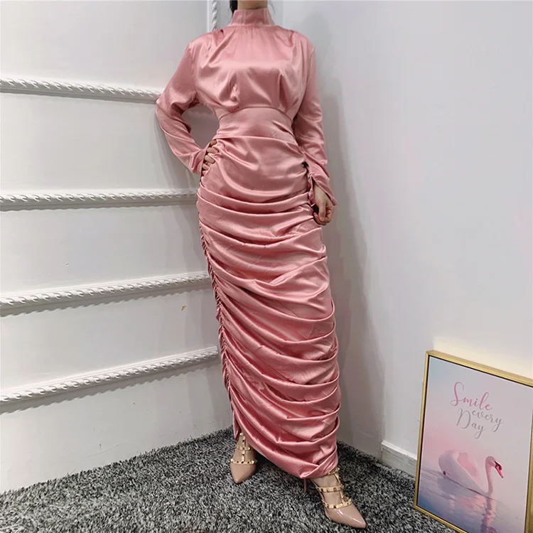 

Women Sash Garment Fashion Abaya Round Collar Solid Color Commuter Pullover Drawstring Muslim Long Sleeve Satin Dress, 5 colors