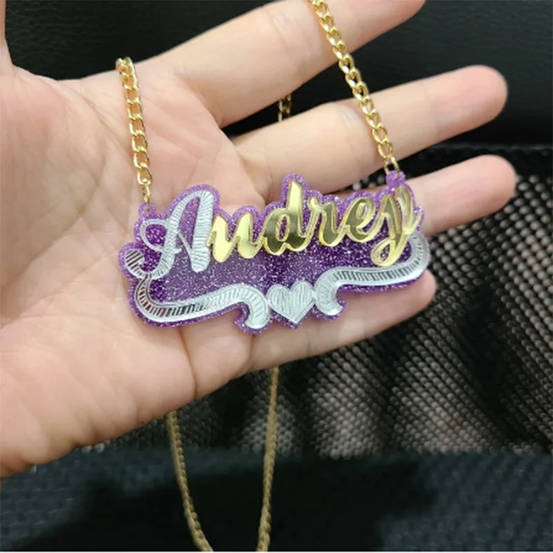 

Personalized mother daughter unique silver custom kids name plate necklace Jewelry, As pic