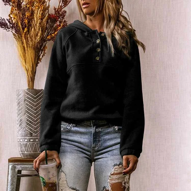 

Casual Hooded Pullover Half Button Hoodies Long Sleeve Tops Sweatshirt