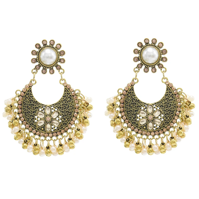 

2021 Women's Retro Crystal Flower Indian Jhumka Earrings Vintage Sector Pearl Bell Tassel Dangling Earrings, Silver,gold