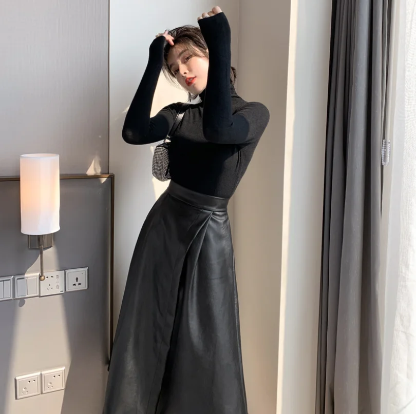 

Solid Color Knitted Bottoming Top High Waist Skirt Two Piece Set Women Clothing