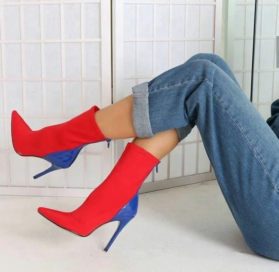 

Popular Style Pointed Elastic Fall Ladies Footwear Fabric Color Blocking Zipper Shoes Super High Heel Ankle Winter Women Boots