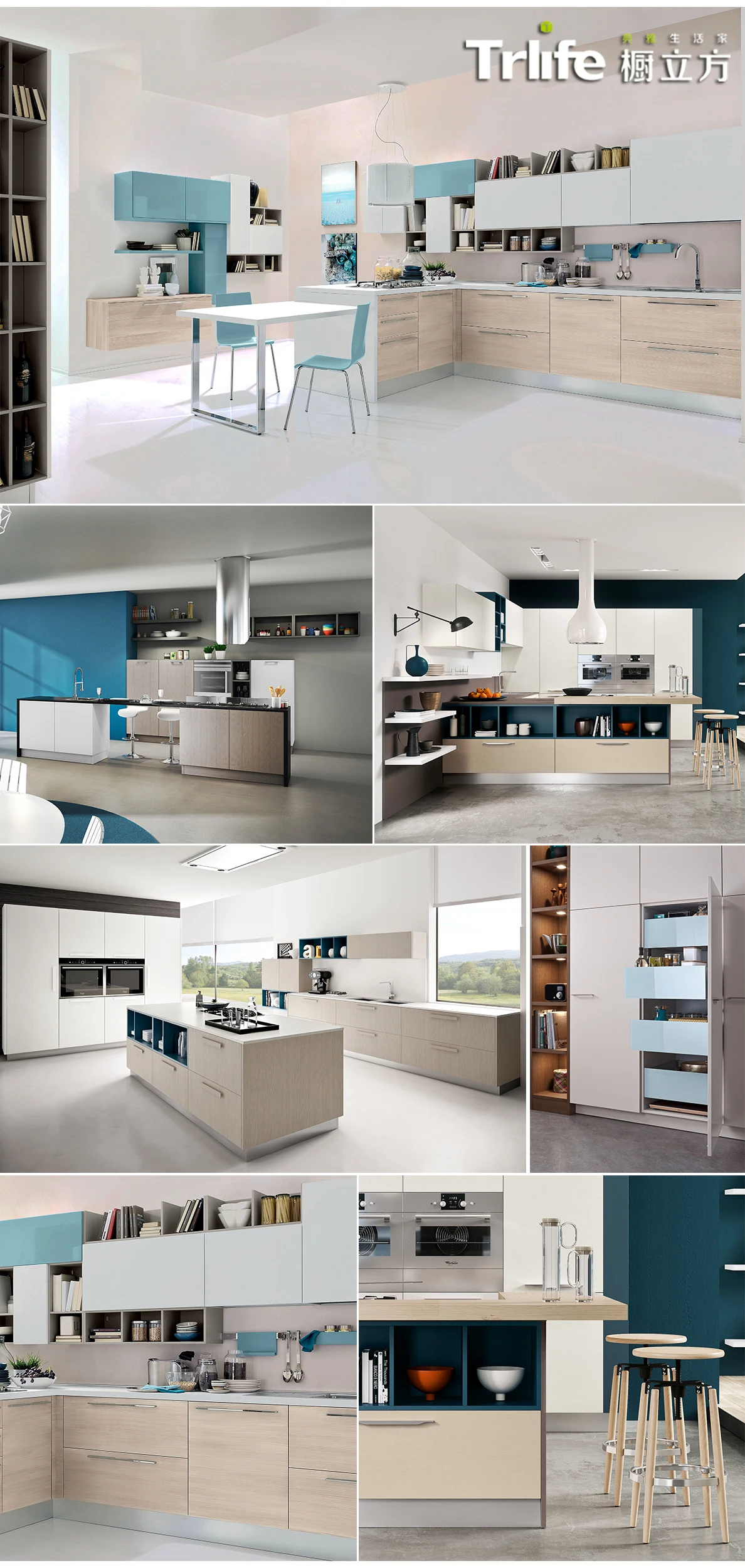 Customized modern kitchen cabinet designs coulers blue high gloss and wood grain  kitchen cabinets with bar kitchen