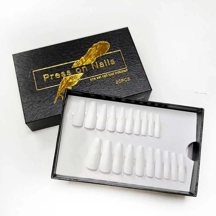 

Long Coffin Full Cover Private Label Press on Nails White Color Press on Nail