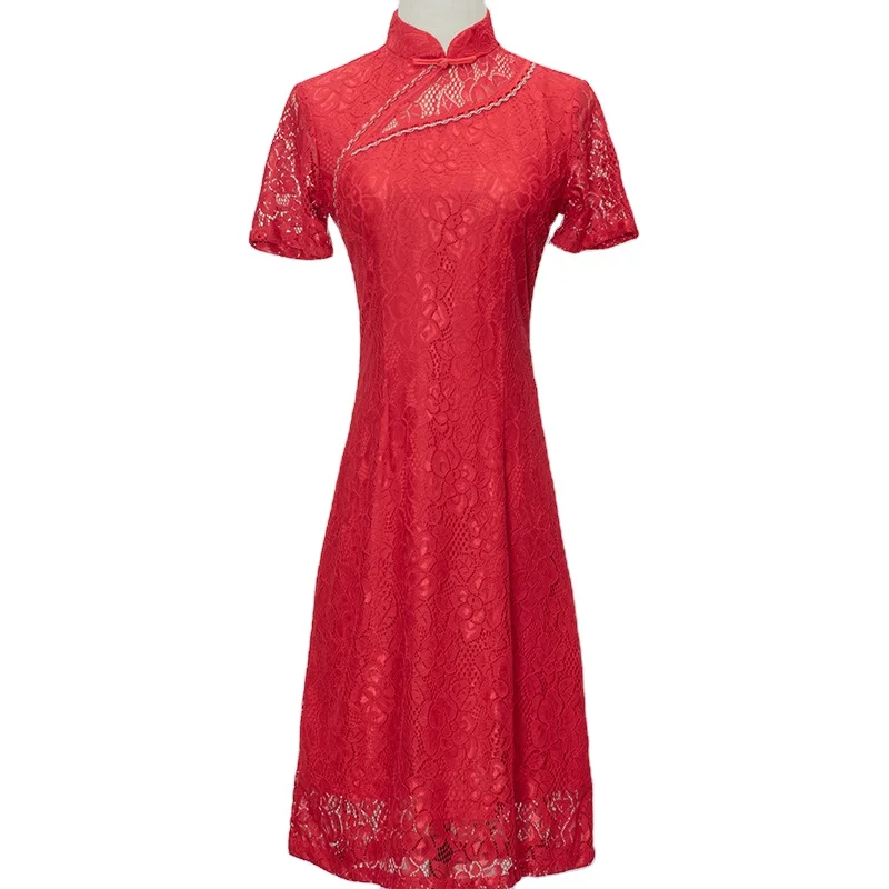 

Red Outer Wear Composite Lace Long Wedding Sexy Club Chinese Dress Cheongsam