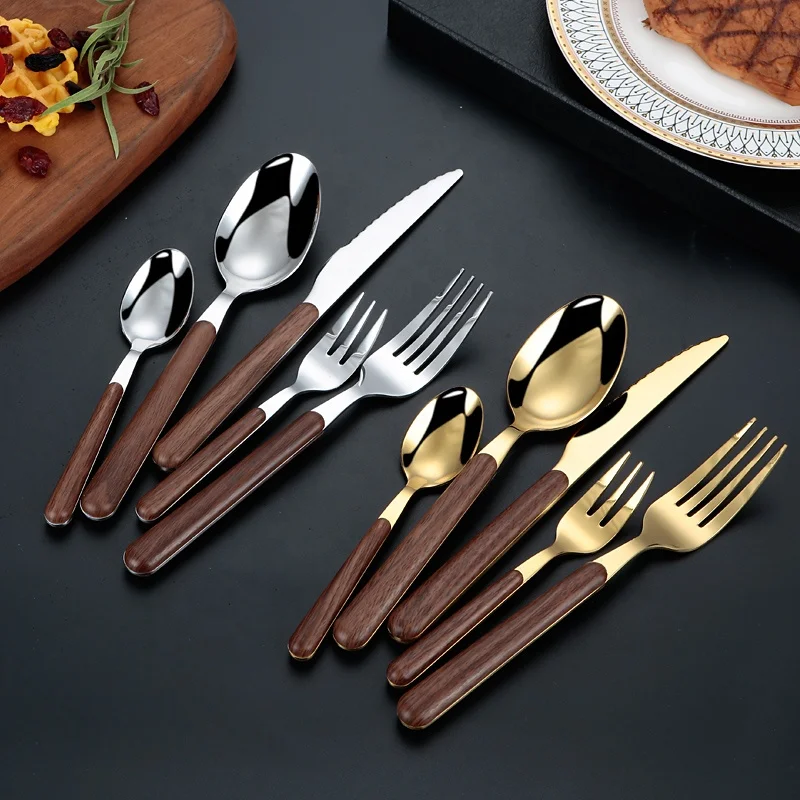 

Antique golden coffee round wooden texture plastic handle stainless steel flatware spoon and fork set