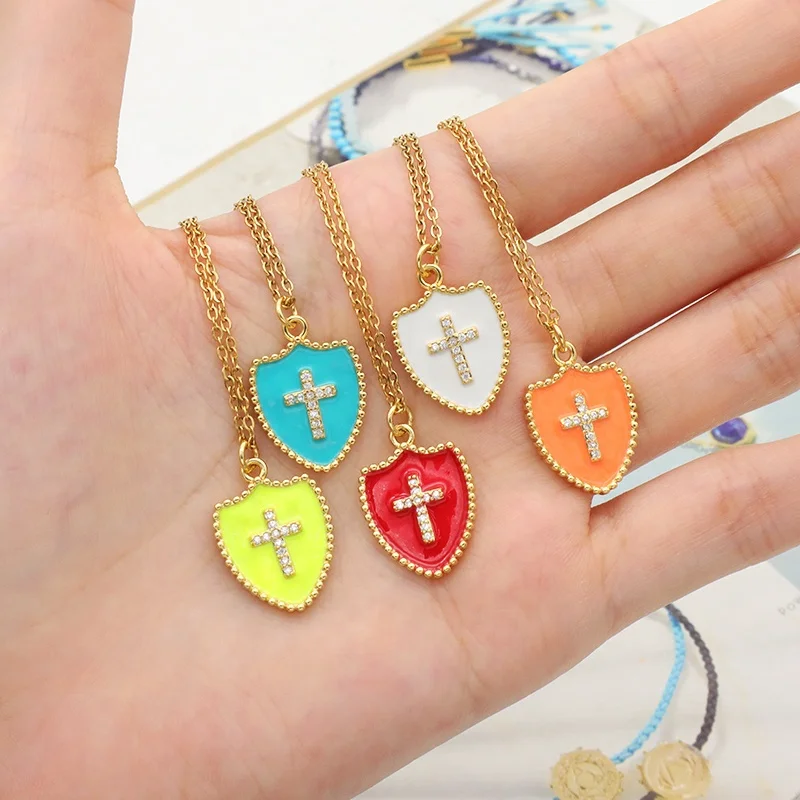 

Gold plated stainless steel necklace Woman Jewelry chain Trendy Custom cross charm accessories enamel pendant necklace