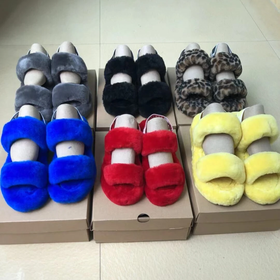 

Free Shipping Uggh Comfort Fluffy Slippers Flat Plush Faux Fur Open Toe Pantuflas Mujer Faux Furry Slippers Fur Uggging Slippers, Black yellow red blue