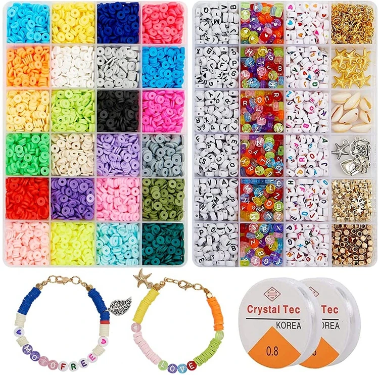 

6000 Pcs Clay Heishi Beads for Bracelets Flat Round Clay Spacer Beads with 900 Pcs Letter Beads Pendants Jump Rings KD877, As picture