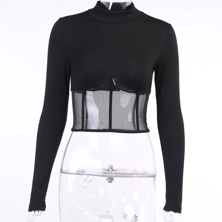 

High Street Mid Crewneck See Through Mesh Patchwork Slim Fit Long Sleeve Crop Tops for Sexy Ladies, Black