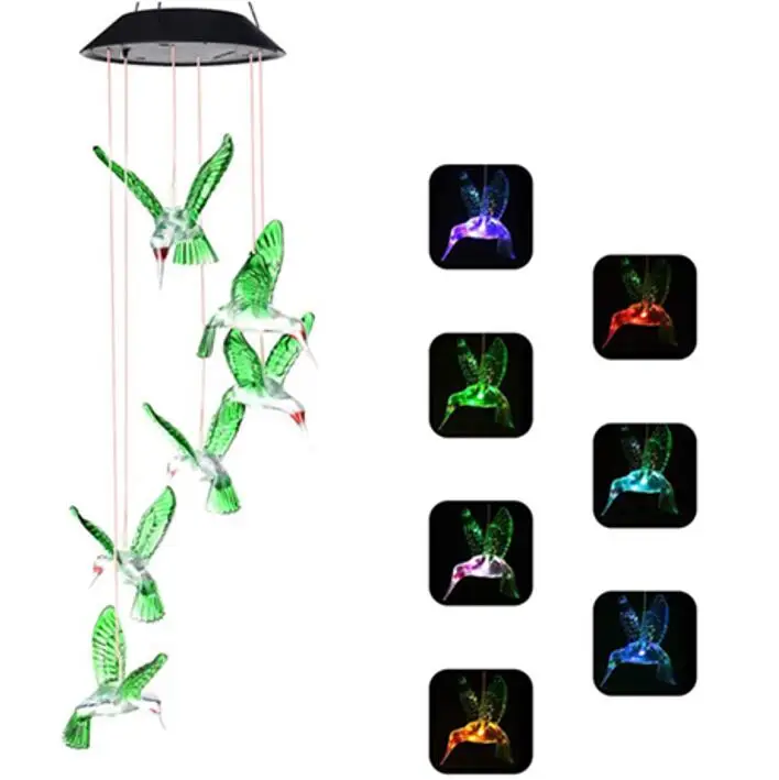 

Jiexuan holiday solar wind chime lamp humming bird shaped solar lamp led balcony hanging garden home decoration landscape lamp, Rgb