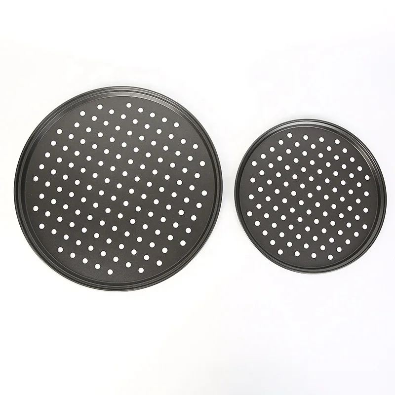 

Wholesale sale baking tool round carbon steel perforated pizza pan non-stick perforated pan baking tray, Black