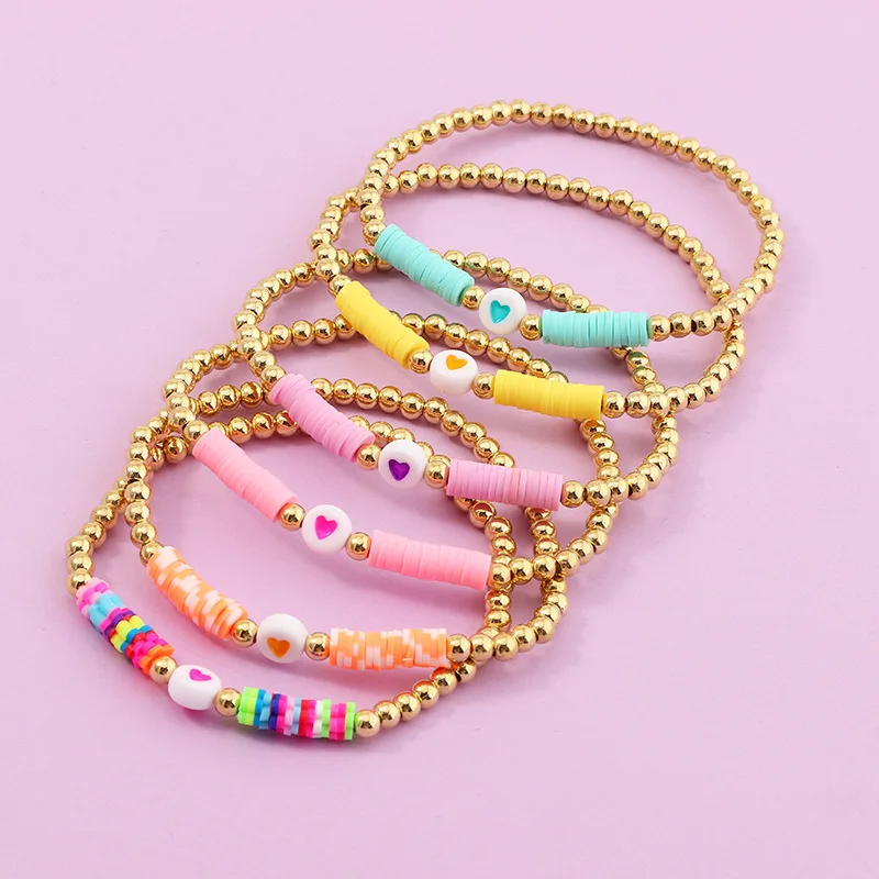 

New Bohemian Candy Colored Polymer Clay Bracelets Lovely Elastic Gold Plated Beaded Chain Heart Bangles Bracelet For Women