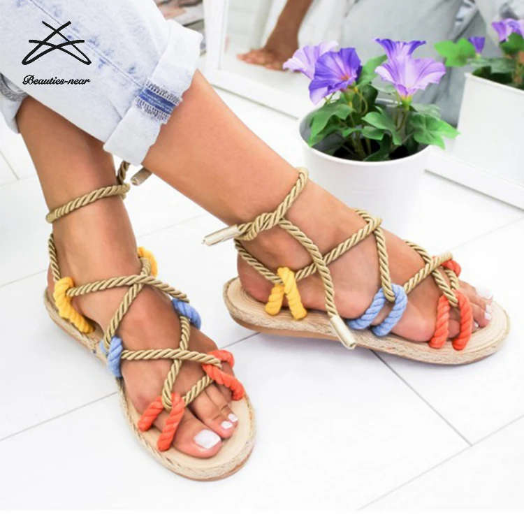 

Hottest design new women summer beach bohemia lace up cross straw flat ladies sandal shoes, Pink,yellow, blue,apricot,multicolor