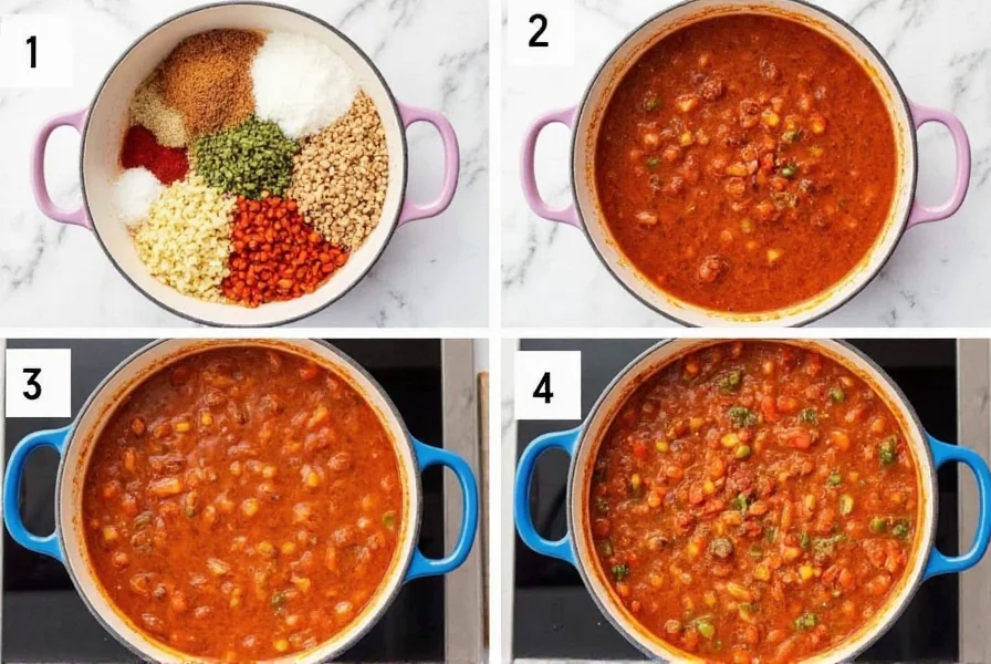 Step-by-step preparation of southwest chili recipe showing ingredients in bowls and cooking process