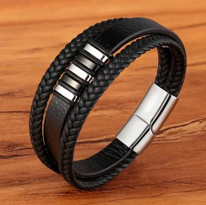 

Black Silver Gold Braid Genuine Leather Bracelet Titanium Stainless Steel Bracelet Men Woven Bangle, Gold/silver